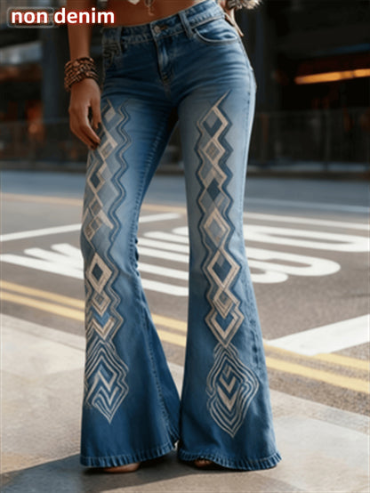 womens flare jeans light wash flare trousers with geometric side artwork, five-pocket look for everyday wear
