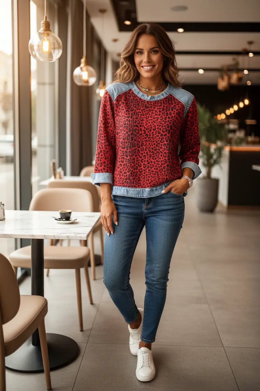 denim patchwork sweatshirt women relaxed fit front view neutral background