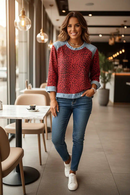 denim patchwork sweatshirt women relaxed fit front view neutral background