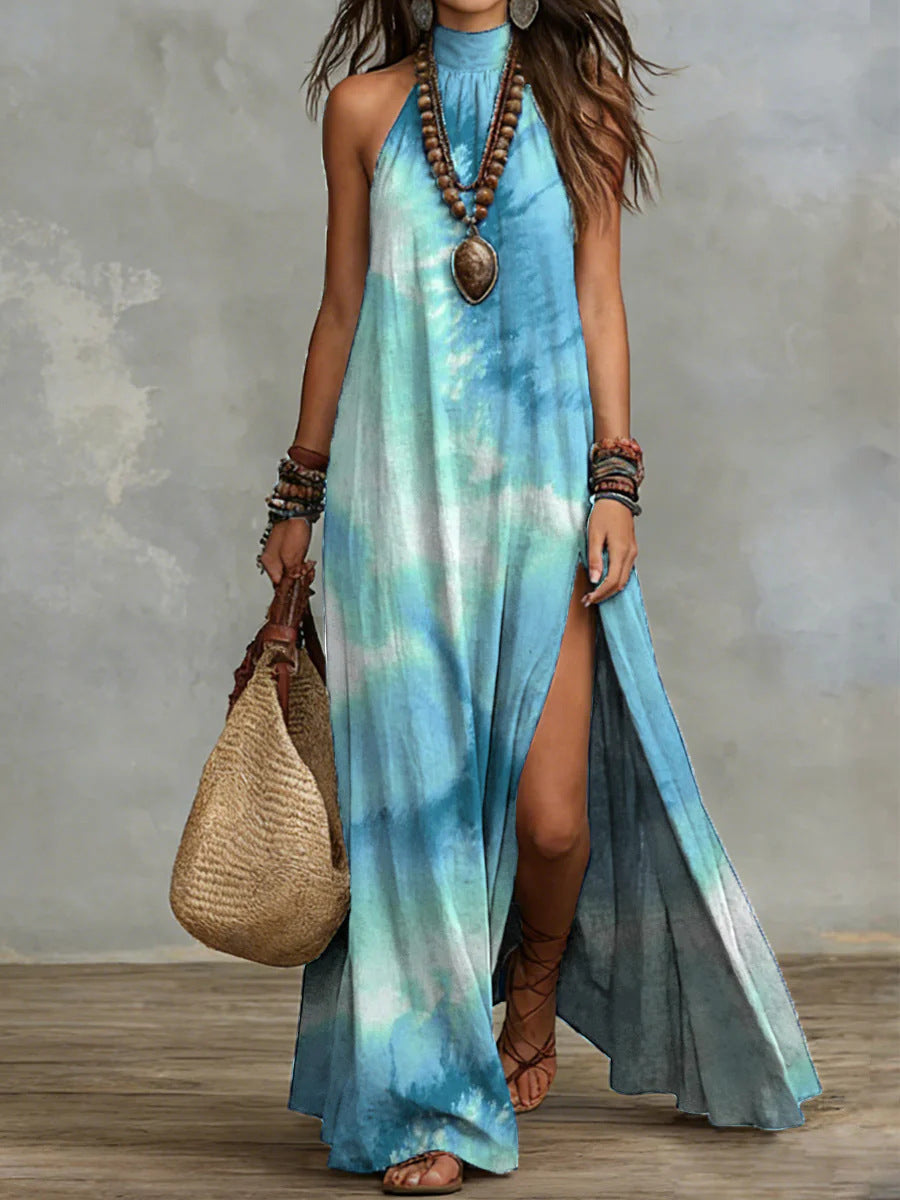 Teal loose fit maxi dress with abstract animal print, side slit and long flowing silhouette for warm-weather styling
