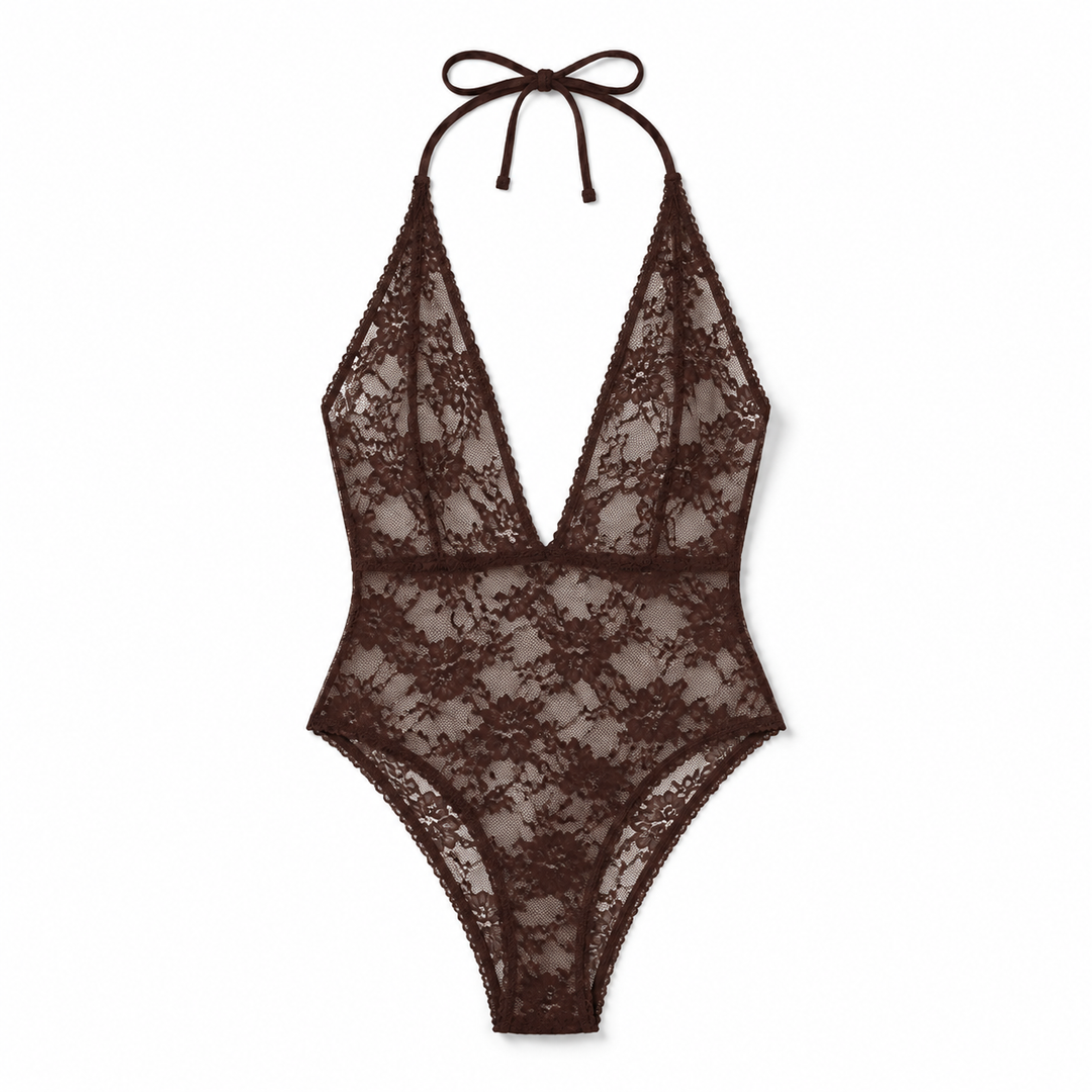 A dark brown lace halter bodysuit with a deep V-neckline and tie-shoulder straps, displayed flat against a solid white background.