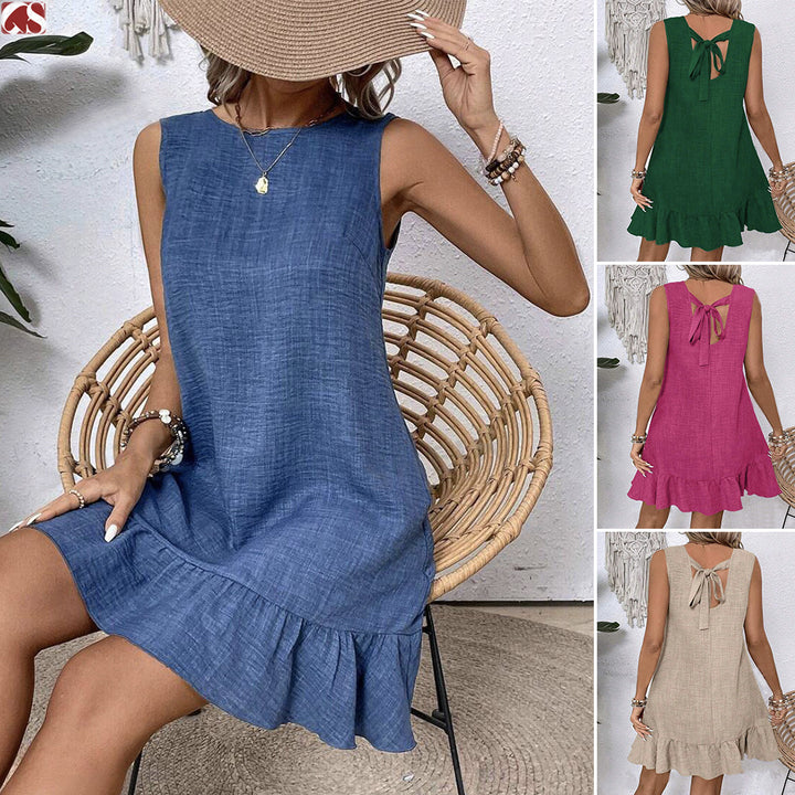 Loose sleeveless ruffle beach dress for women back view straight cut summer vacation warm-weather outfit style
