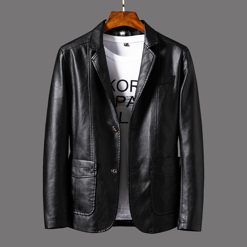 Mens PU Leather Jacket Studded Lapel Multi Pocket Style