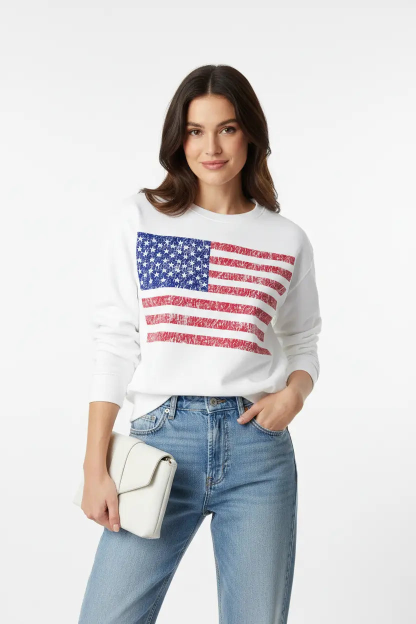 Women’s American Flag Sweatshirt sleeve length natural drape lifestyle context