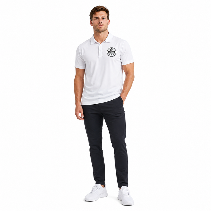 White quick dry polo shirt for men with soccer print, neat sleeve finish and lightweight look for sport and casual outfit use