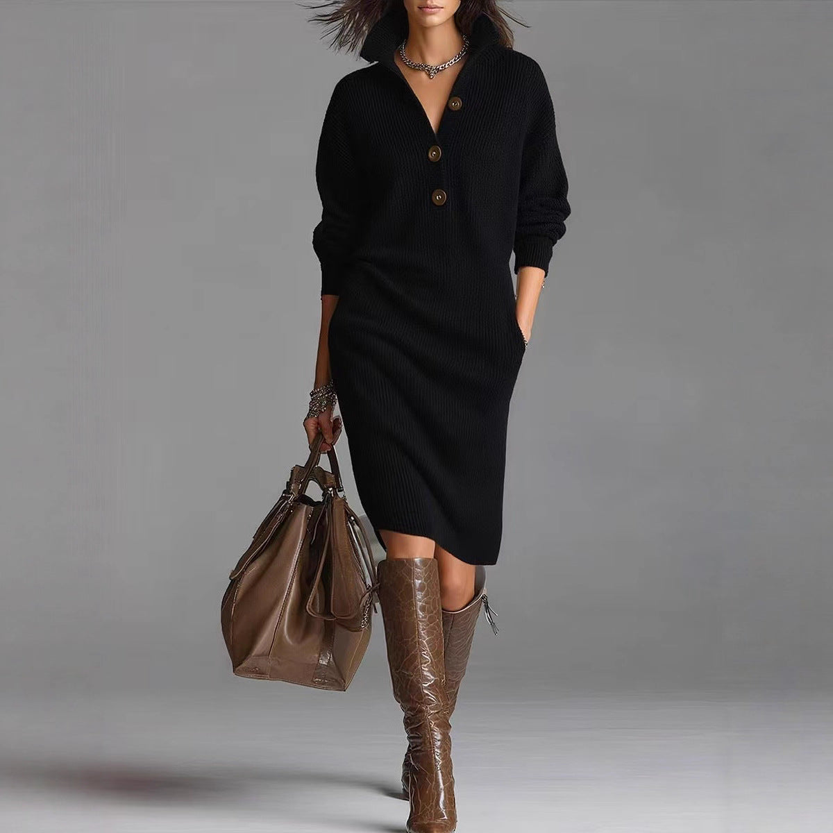 Black long sleeve sweater dress styled with belt and boots, warm knit outfit idea for office to relaxed weekend plans
