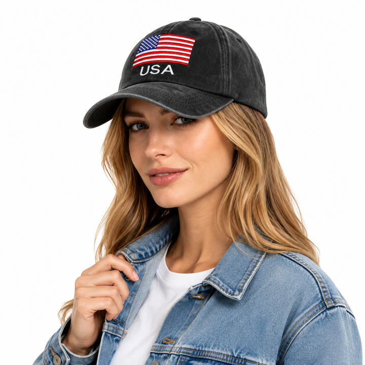 Two American flag hats for casual daily wear with washed cotton fabric, embroidered USA design and adjustable buckle closure.
