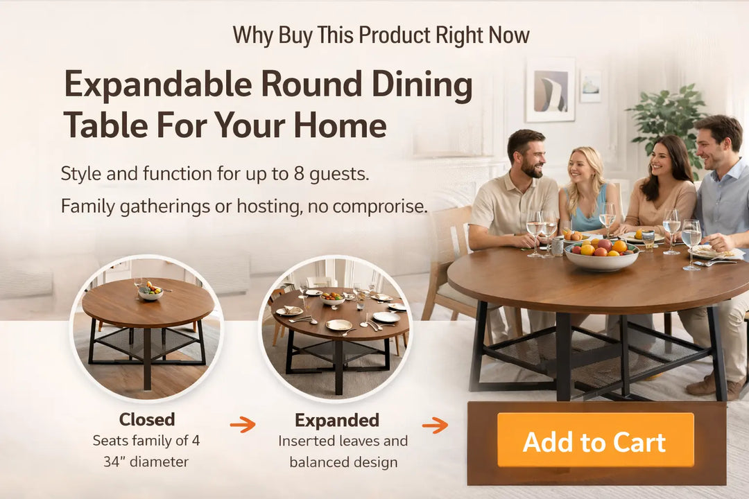 Extendable Round Dining Table - Seats 4 to 8 Easy Homes