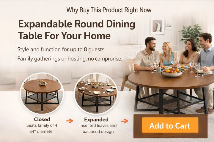Extendable Round Dining Table - Seats 4 to 8 Easy Homes