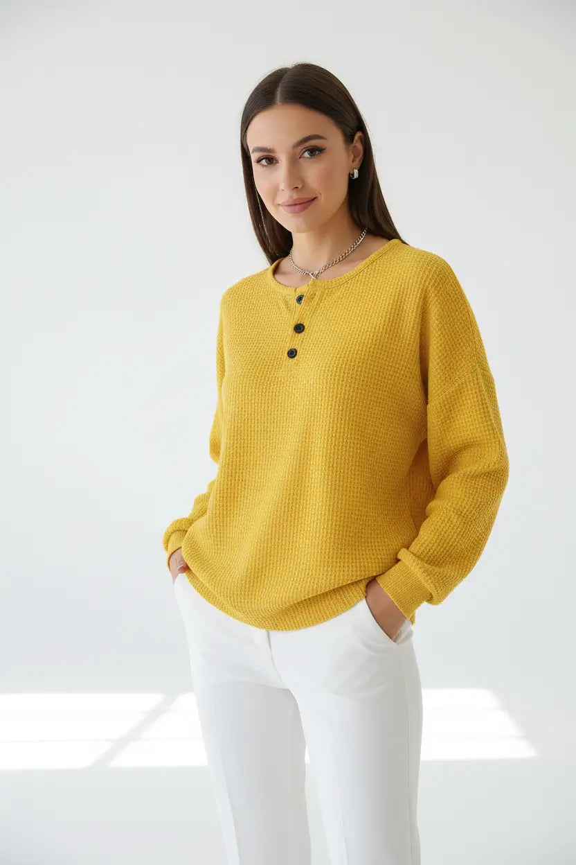 waffle long sleeve T shirt women dark blue street fashion outfit pairing with denim