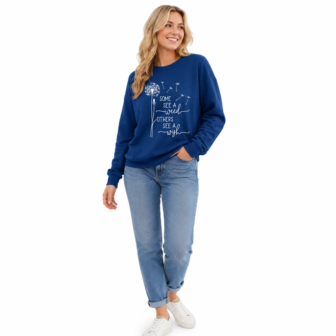Women sweatshirt cotton blend pullover in blue, made for casual walks, cozy layering and expressive everyday style with ease.
