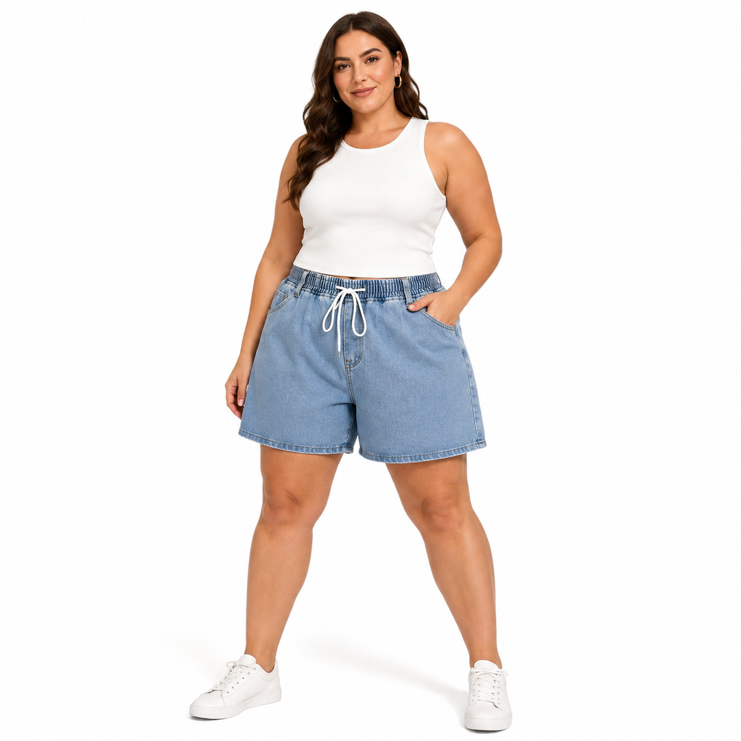 Denim cotton shorts for women with retro washed finish, blue color, wide leg design, and casual wardrobe versatility now