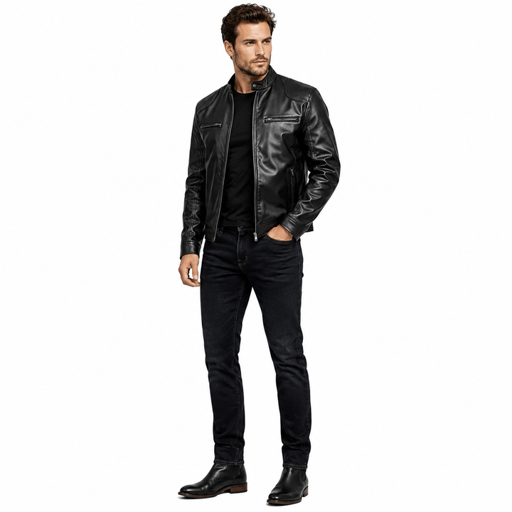 Slim fit mens leather jacket in classic black with genuine leather exterior and a clean stand collar for smart casual styles.