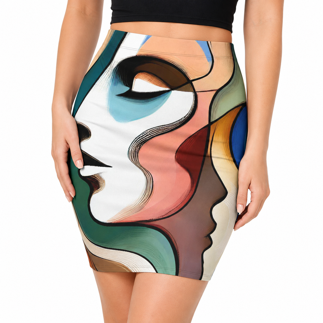 Close view of tropical floral pencil skirt print with butterflies, lush flowers and vivid color detail for statement outfits.
