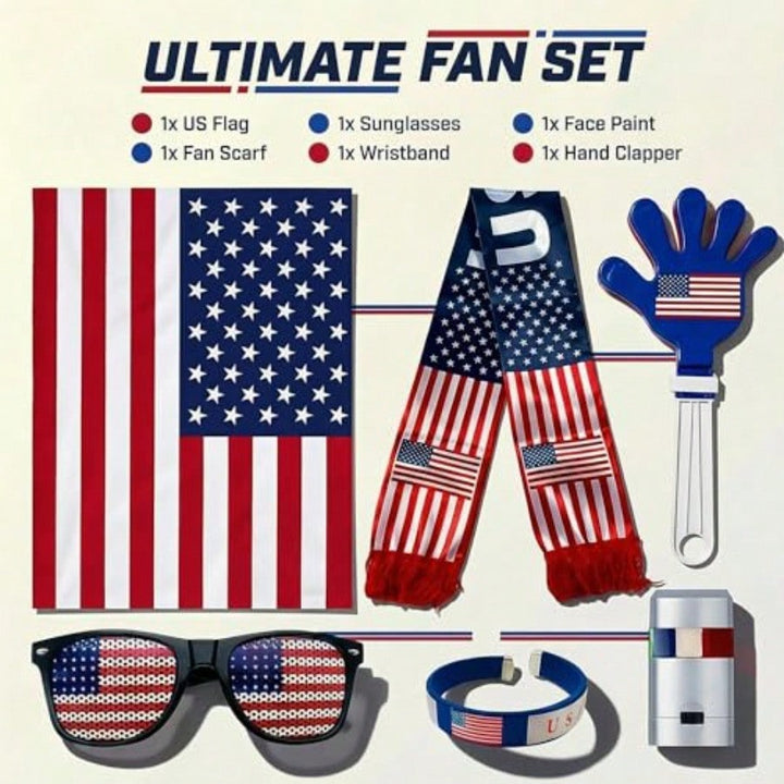 Ultimate Fan Set with American flag-themed items on a white background