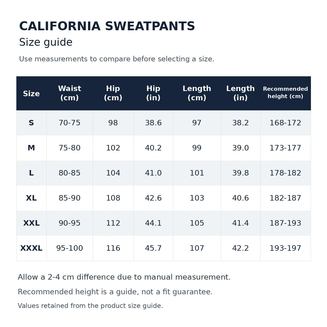 Graphic sweatpants size guide for S to XXXL showing waist, hip, length and recommended height in cm and supplied inch values.