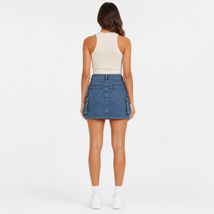 Cargo denim skirt back view showing fit, seams and rear pockets