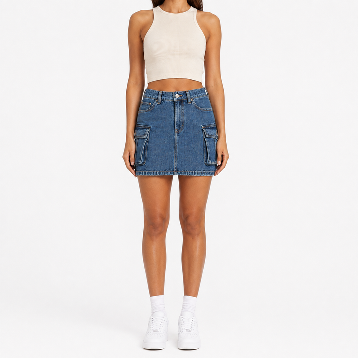 Cargo denim skirt front view showing waistband, pockets and silhouette