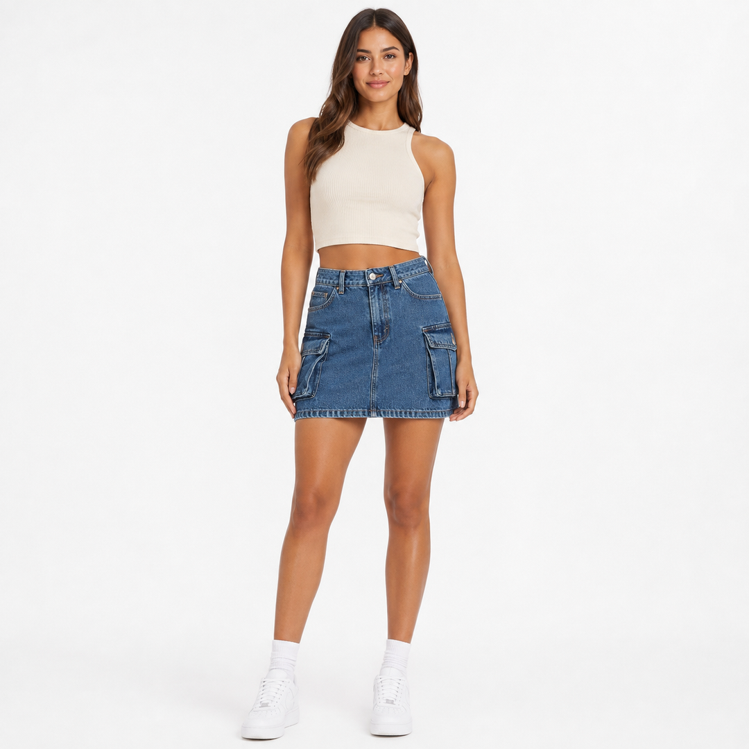 Cargo denim skirt for women with utility pocket details, front model view