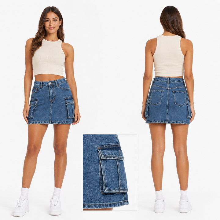 Cargo denim skirt front, back and utility pocket detail presentation