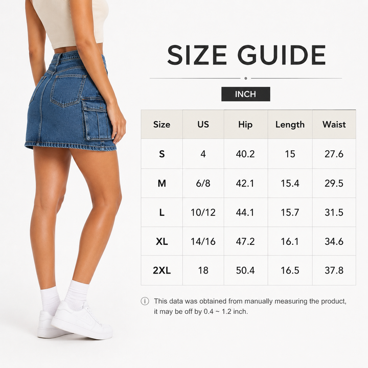 Cargo denim skirt size guide S to 2XL with US, hip, length and waist in inches