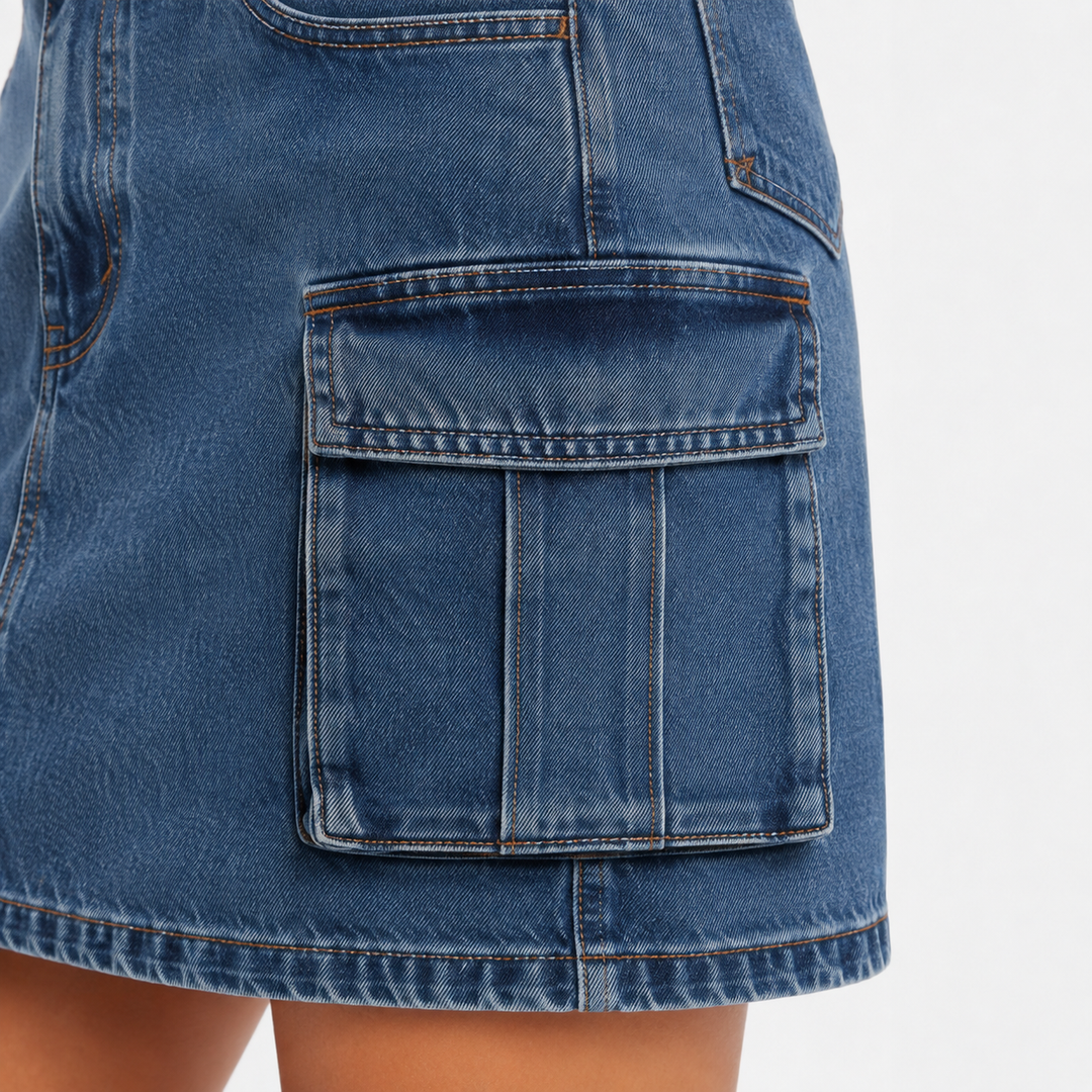 Cargo denim skirt utility pocket close-up with flap and contrast stitching