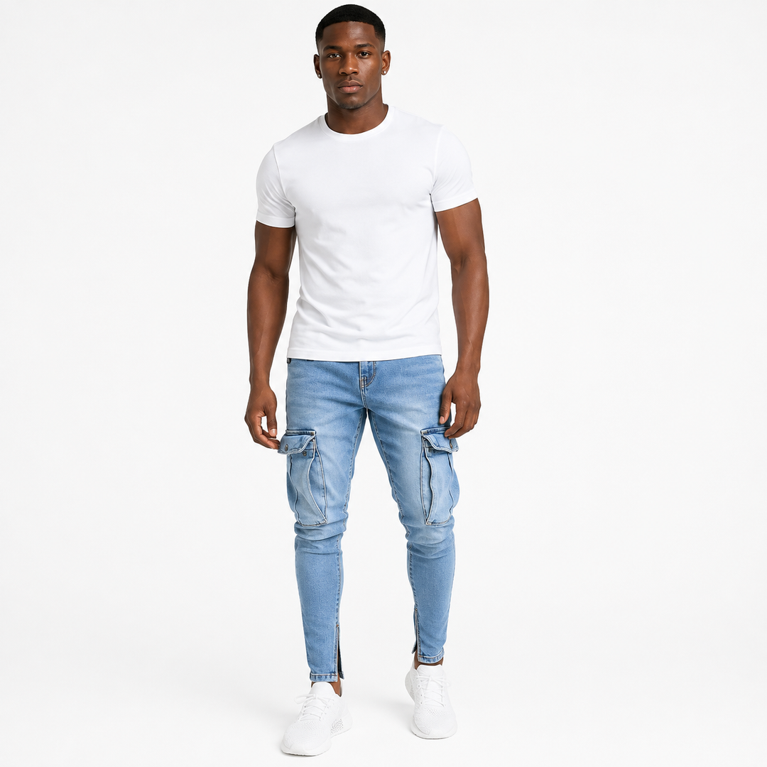 Cargo jeans for men in washed light blue shown on an adult male model, front view with tapered legs and cargo pocket details.