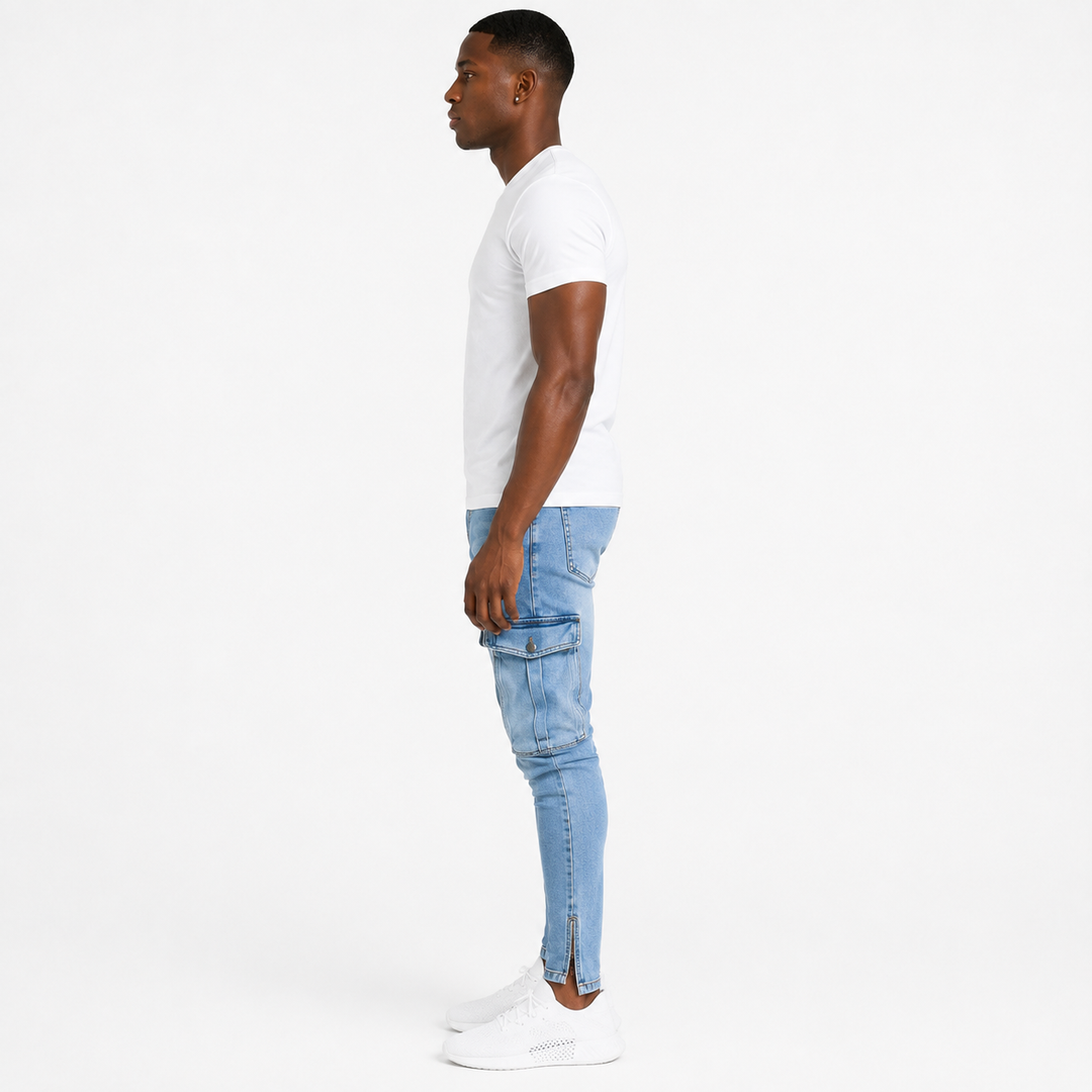Washed light blue cargo jeans for men shown in side profile on an adult male model, highlighting the tapered silhouette and cargo pocket.