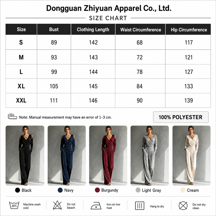 Casual jumpsuit size chart with S to 2XL measurements, 100% polyester composition and Black, Navy, Burgundy, Light Gray and Cream.