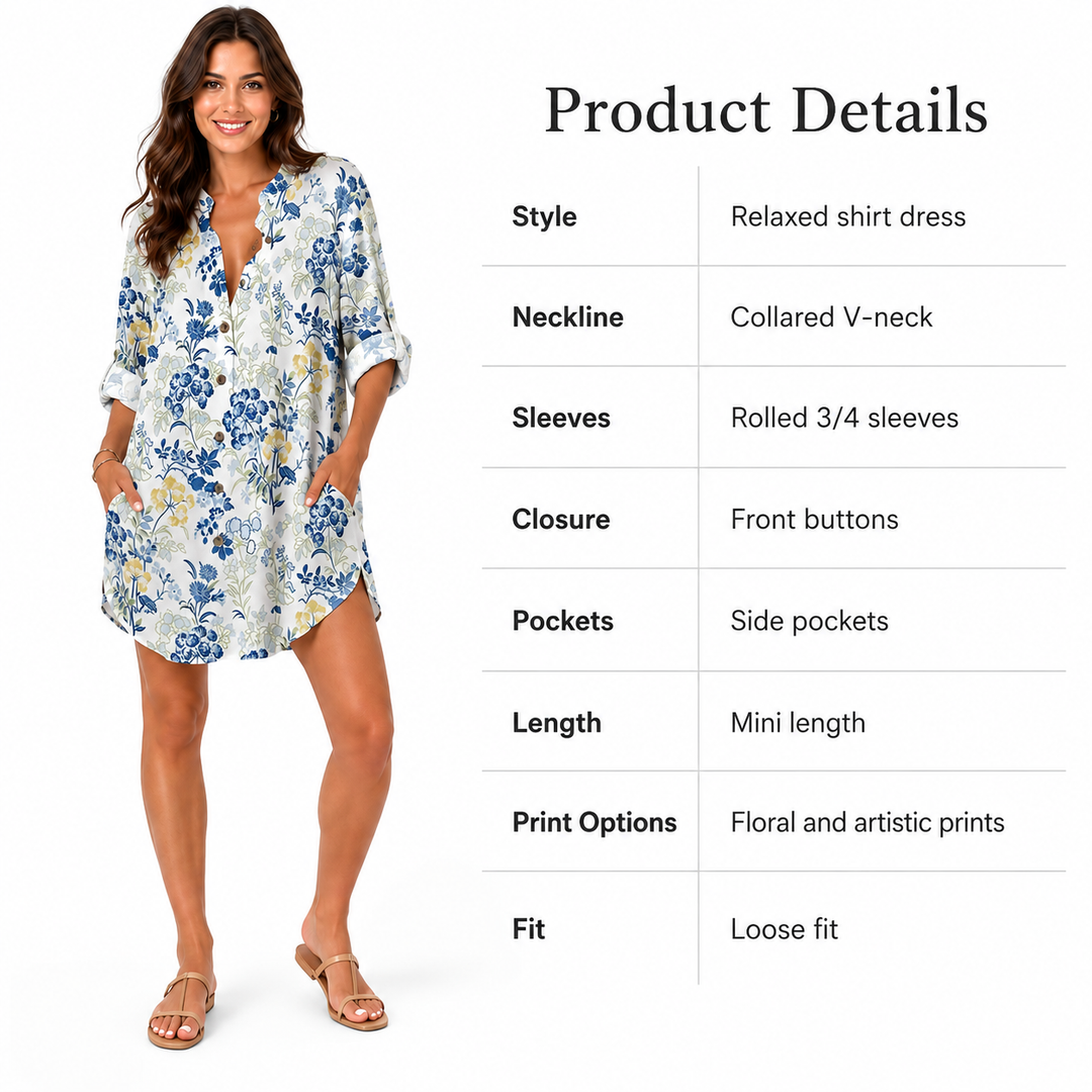 Printed midi dress detail image showing button-front styling and practical pockets, displayed clearly for product comparison.