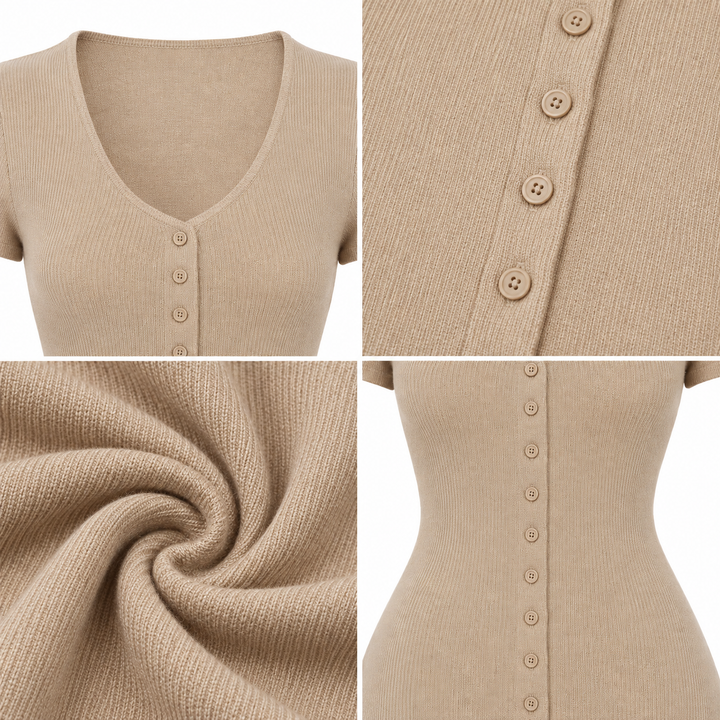 Close-up details of the Casual V neck mini dress neckline, buttons and textured fabric.