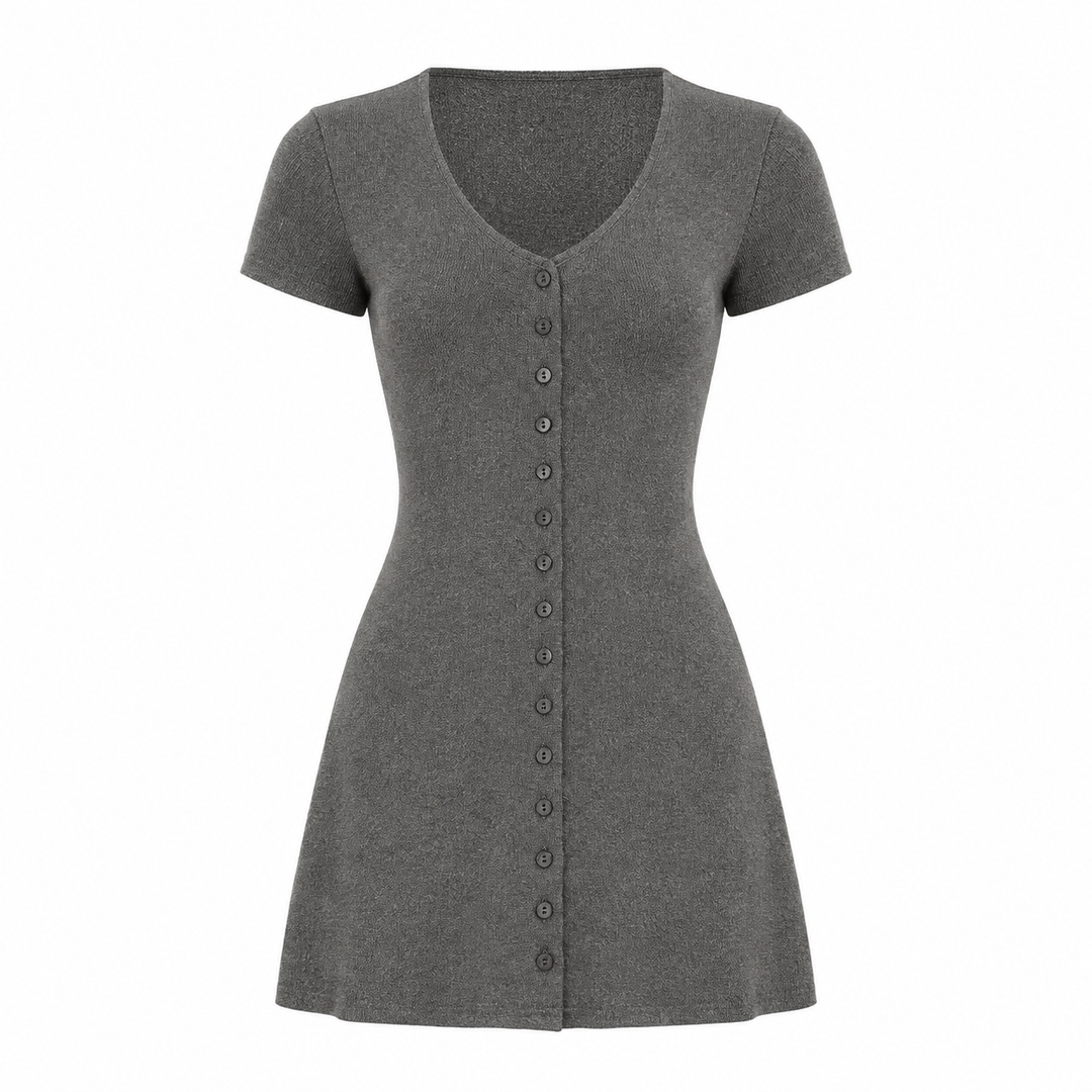 Casual V neck mini dress in Gray, product-only front view on white background.