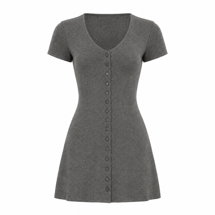 Casual V neck mini dress in Gray, product-only front view on white background.