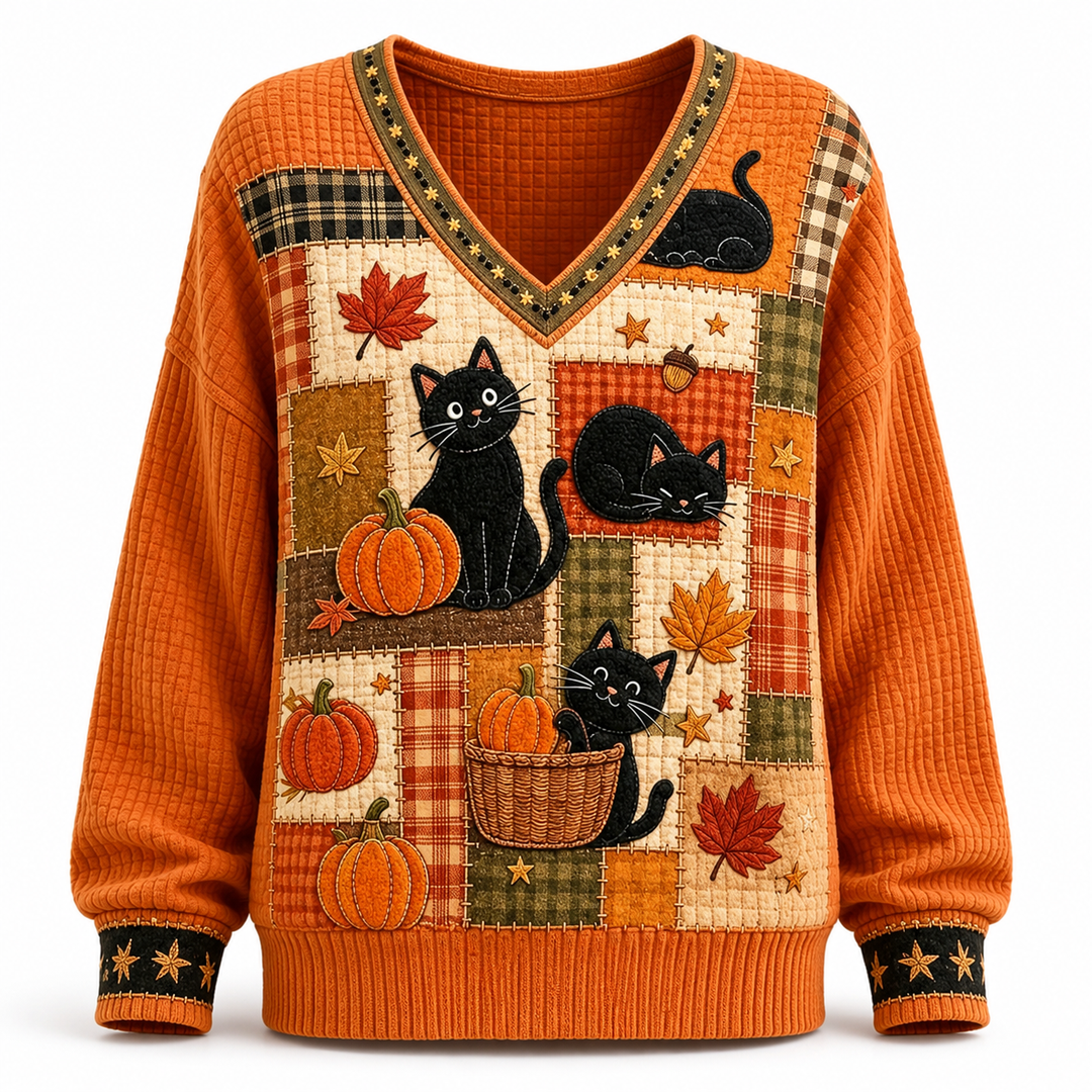 Orange cat and pumpkin V-neck sweater set front-facing on white, highlighting the seasonal patchwork design and long sleeves.