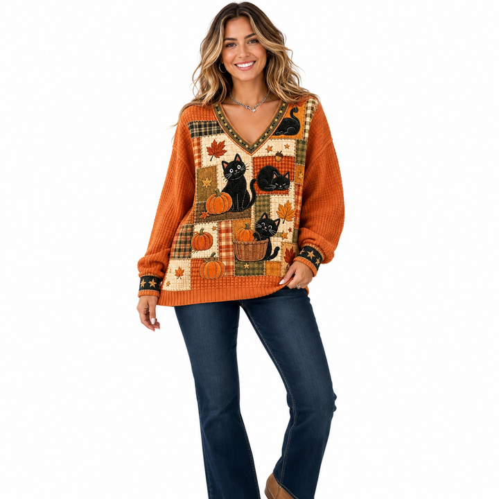 Woman wearing an orange cat and pumpkin V-neck sweater with dark blue denim on white, showing complete seasonal front design.