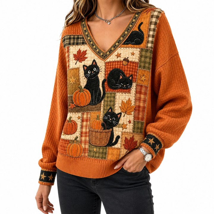 Three-quarter view of the orange cat and pumpkin V-neck sweater styled with dark trousers on a clean white studio background.