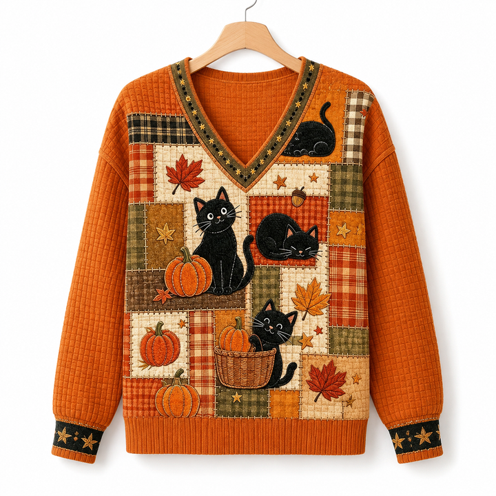 Orange cat and pumpkin V-neck sweater displayed on a wood hanger, showing the complete front artwork, long sleeves and cuffs.