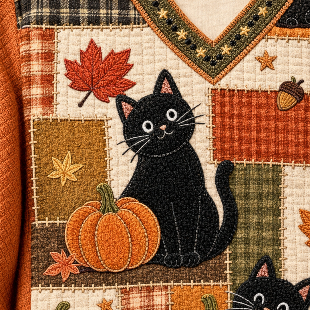 Detailed black cat and orange pumpkin motif on V-neck sweater, showing textured patchwork panels and precise stitched edging.