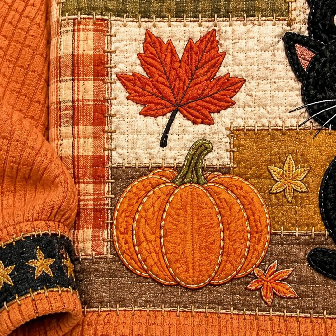 Closeup of an orange pumpkin and autumn leaf motif on the cat V-neck sweater, with plaid panels and stitched edges in detail.