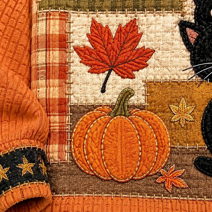 Closeup of an orange pumpkin and autumn leaf motif on the cat V-neck sweater, with plaid panels and stitched edges in detail.