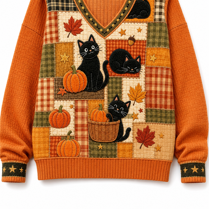 Lower front of the orange cat and pumpkin V-neck sweater, clearly showing basket cat art, pumpkins, patchwork and ribbed hem.