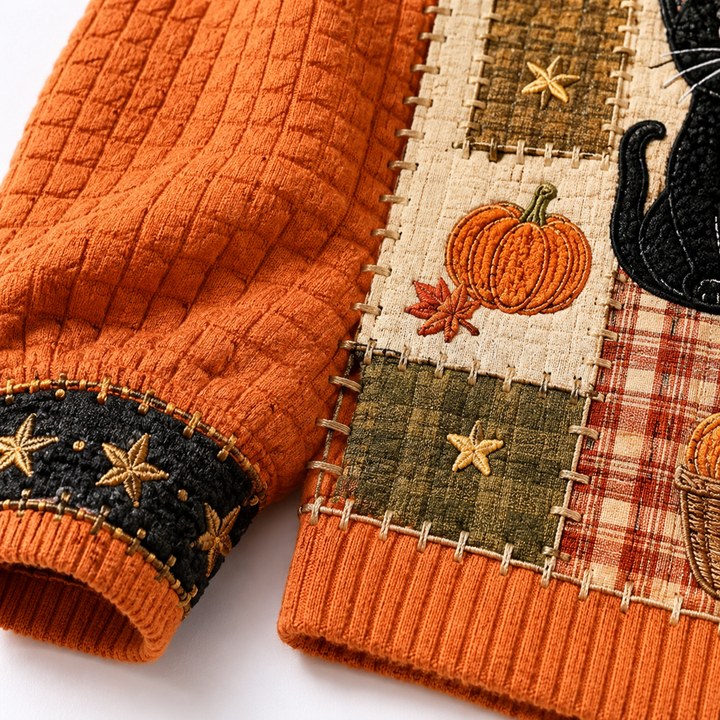 Macro view of the orange sleeve texture, patchwork panel seams and decorative stitching on the cat pumpkin sweater in detail.