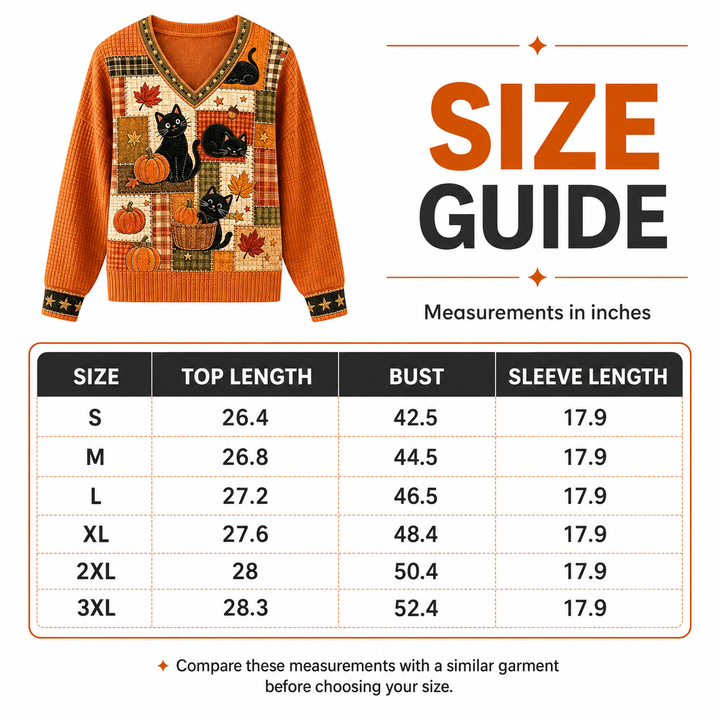 Size chart for orange cat and pumpkin V-neck sweater in S to 3XL, showing top length, bust and sleeve measurements in inches.