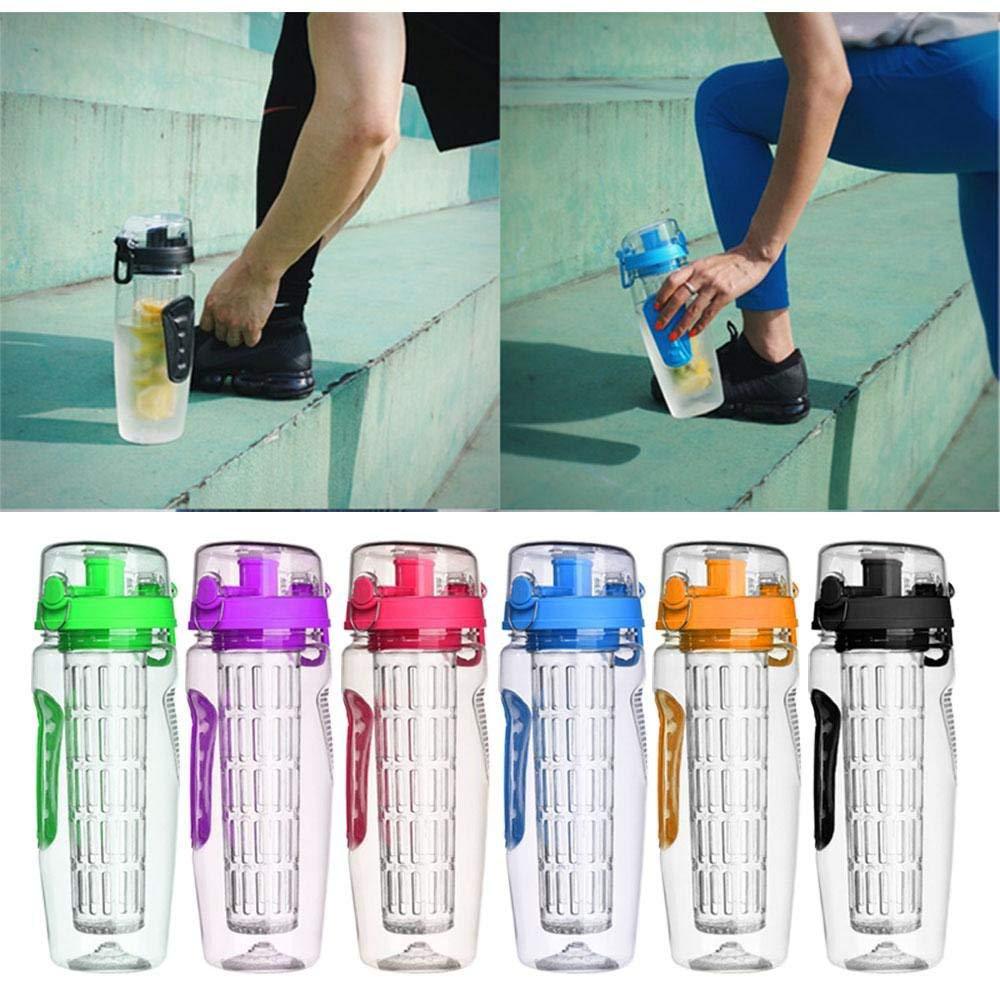 Set of colorful water bottles with different colored lids on a light green background.