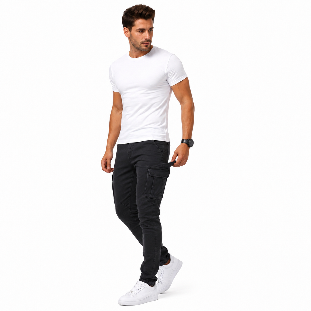 Slim denim cargo pants on model with mid-waist fit and structured leg line