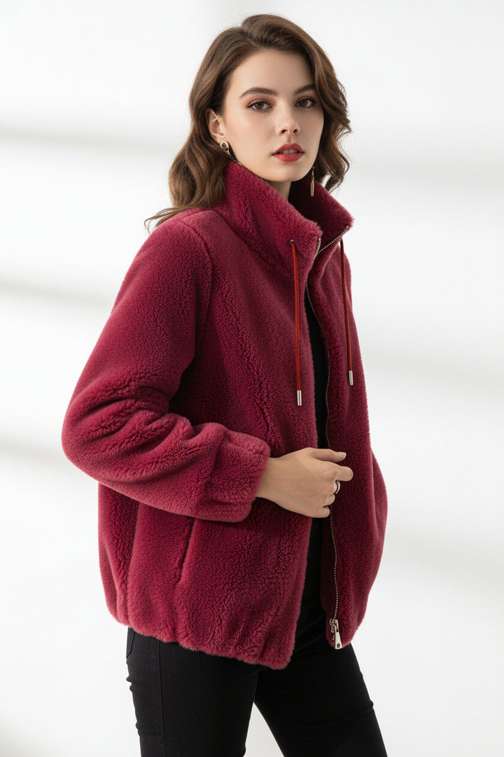 women fleece cardigan green high neck soft winter style