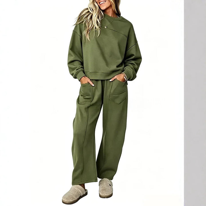 Original supplier model photo of the green sweatshirt and wide-leg trouser set