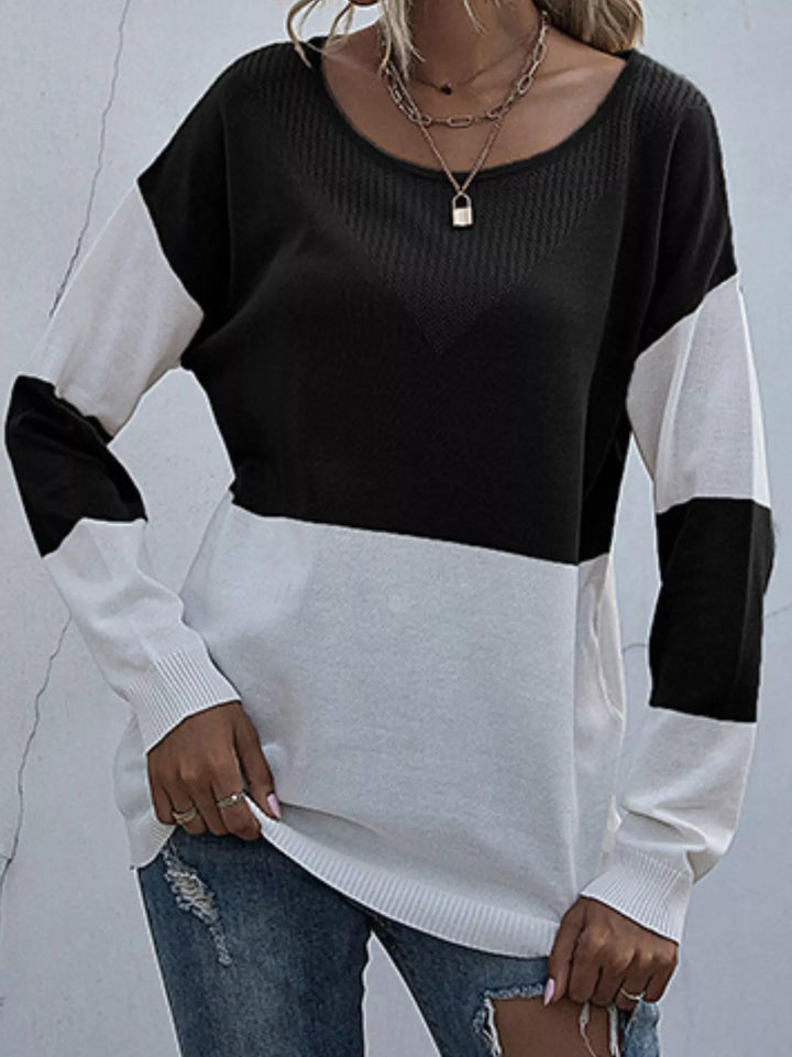 machine washable color block round neck pullover"