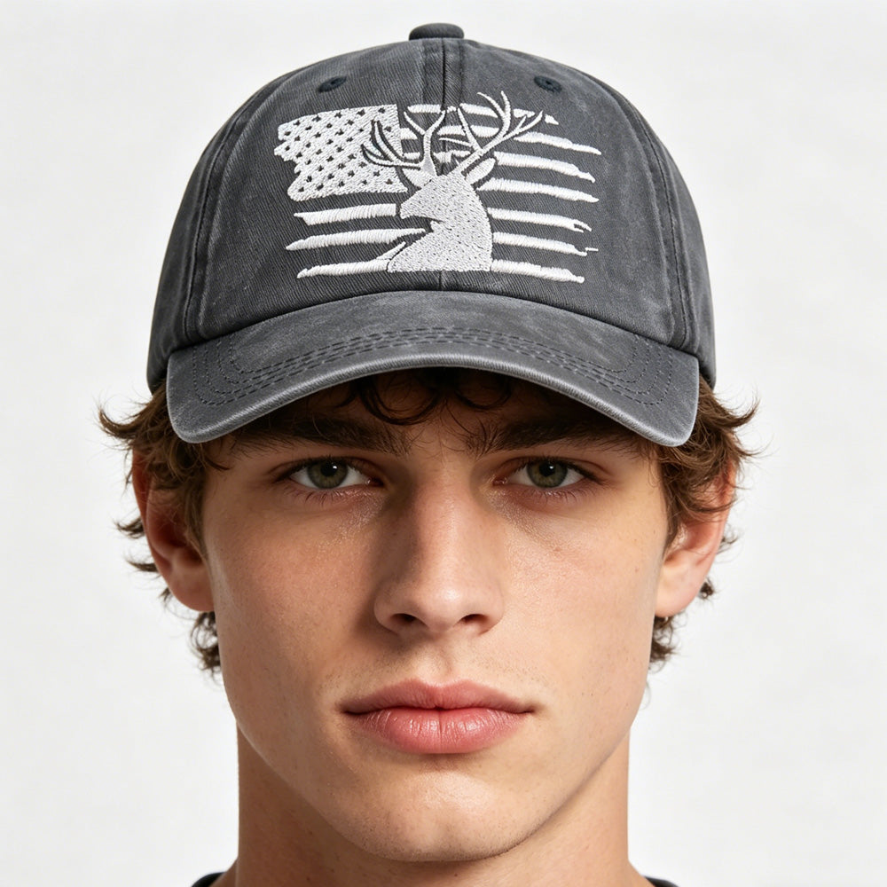 Man in flannel shirt wearing unstructured low profile cotton cap while hiking autumn pine forest trail