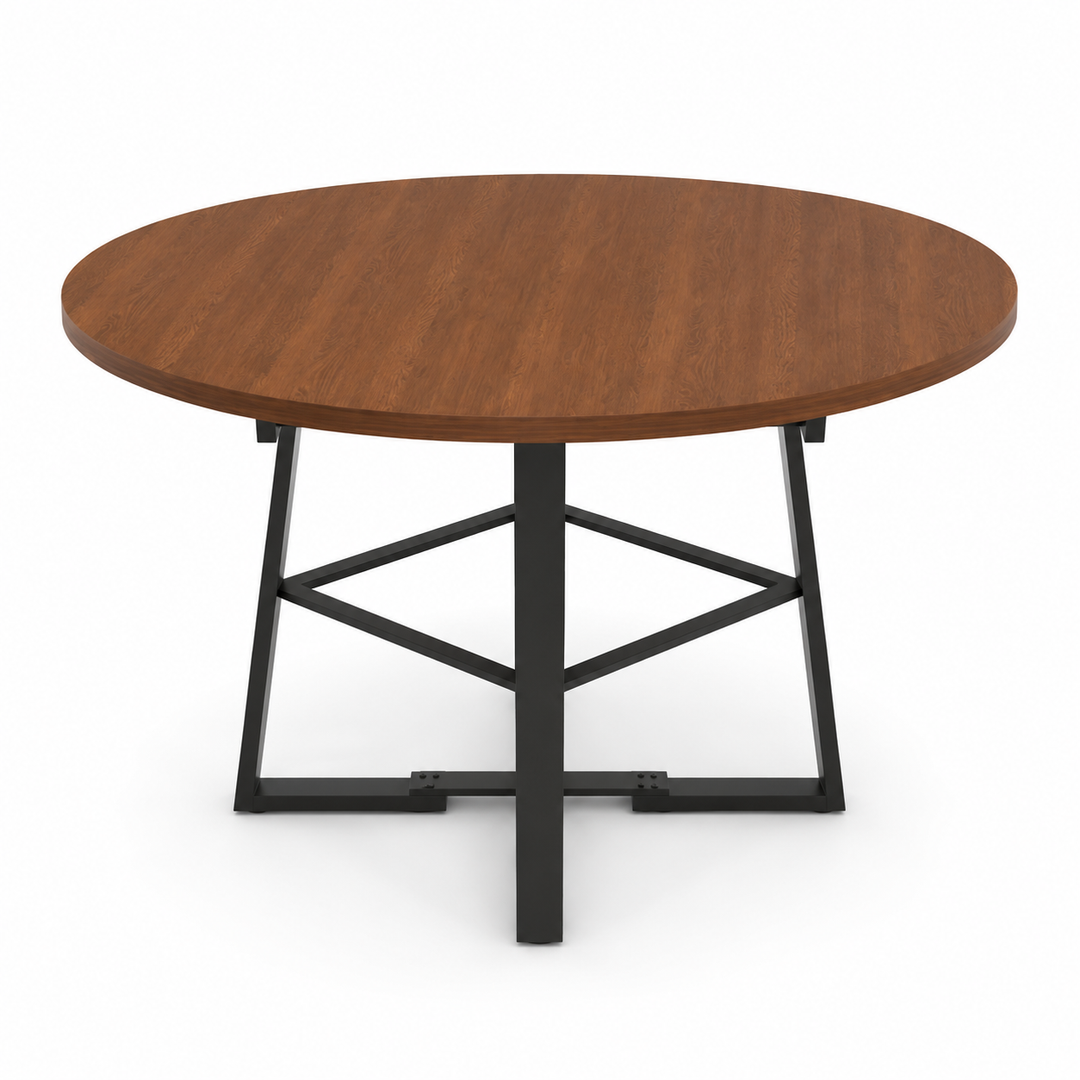 Extendable round dining table in walnut tone with hidden storage and modern metal frame for refined dining rooms for the home